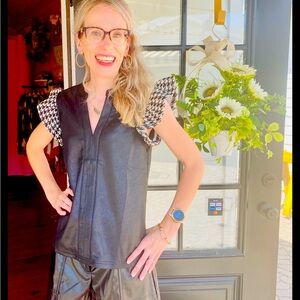 Black Faux Suede Top with Houndstooth Sleeves